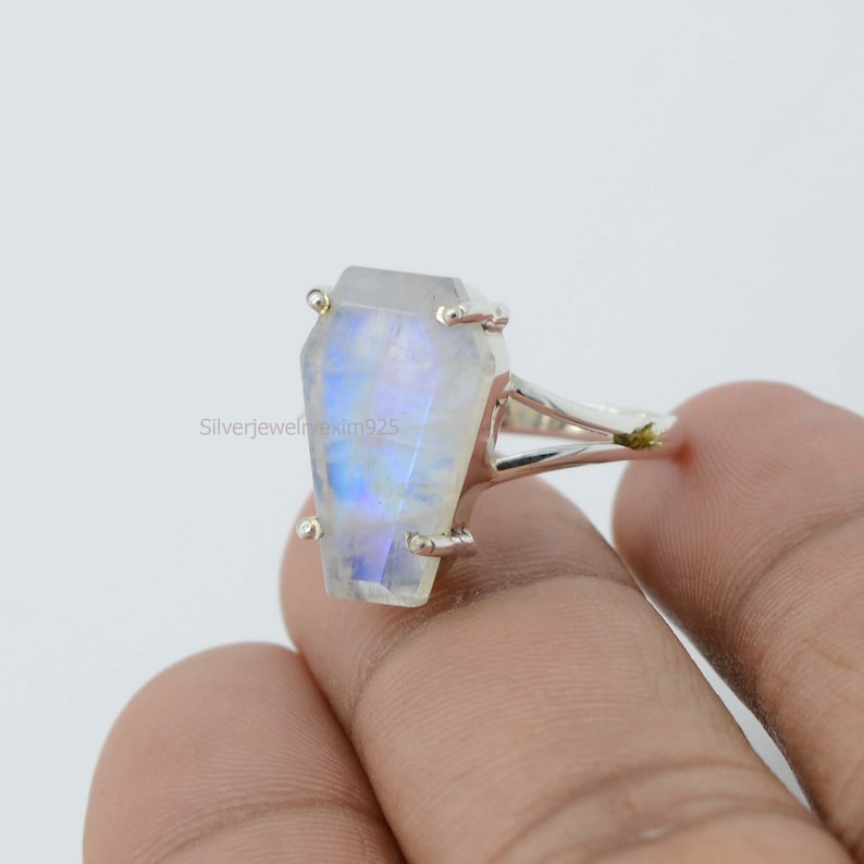 Rainbow Moonstone Coffin Ring 925 Sterling Silver Ring 10x17 mm Rainbow Moonstone Ring June Birthstone Ring Coffin Gemstone Ring image 8