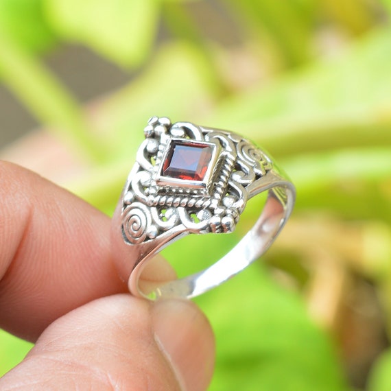 Natural Garnet Silver Ring, Oxidized Ring, 925 Sterling Silver 