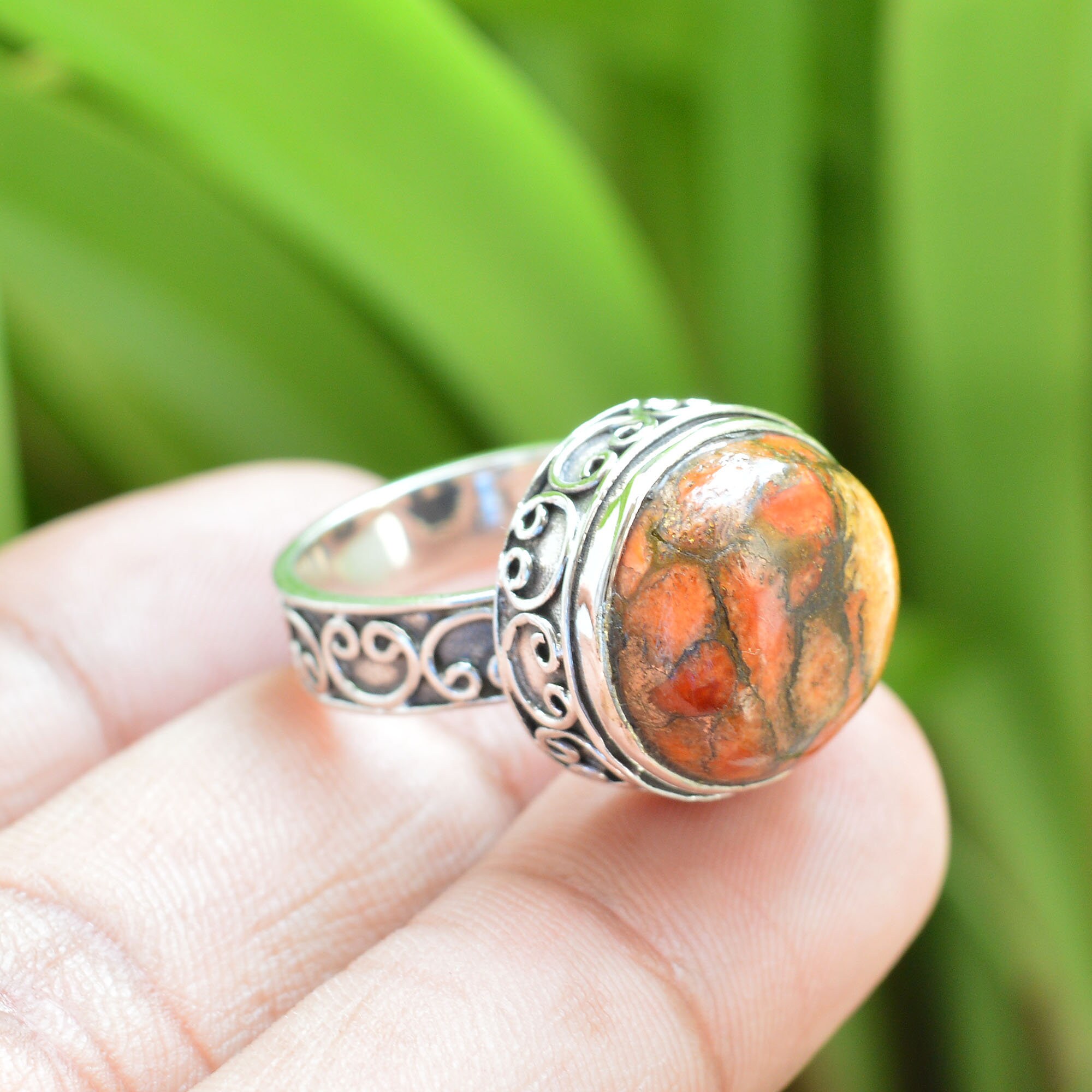 Beautiful Turquoise Ring Orange Turquoise Ring 15mm Round Etsy