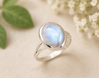 Oval Rainbow Moonstone Ring: 925 Sterling Silver Promise Ring