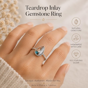 Teardrop Inlay Gemstone Ring, 925 Sterling Silver, Handmade Natural Stone Ring, Boho Dainty Jewelry