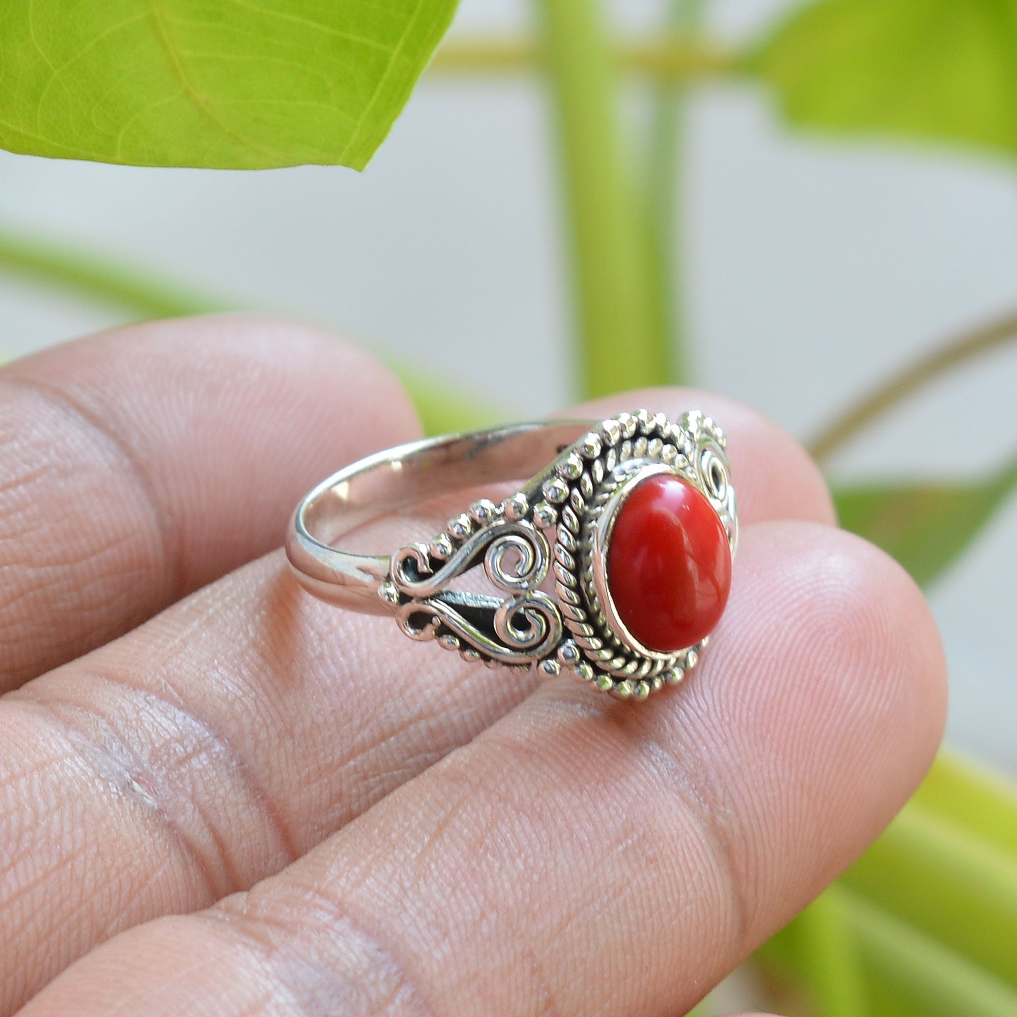 Oval Red Coral Ring: Oxidized 925 Sterling Silver, Handmade - Etsy