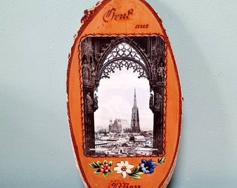 Vintage wooden souvenir scenic plaque from Vienna (Wien), Austria