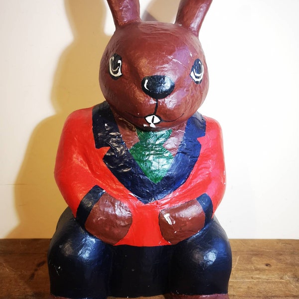 Large vintage hand made paper mache bunny rabbit - 1970s prop / display - distressed papier mâché