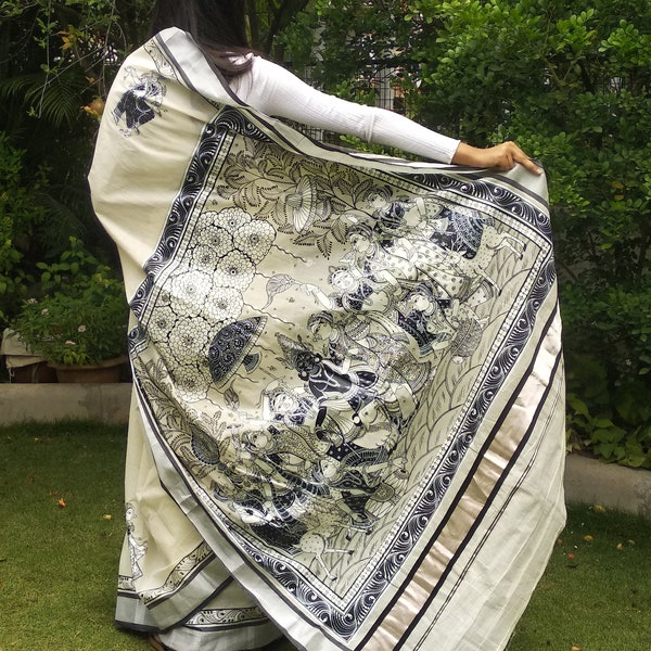Handpainted Patachitra kerala cotton saree/ Designer saree for women/ Indian saree with folkart/ Saree/ Onam Vishu festival & Party wear