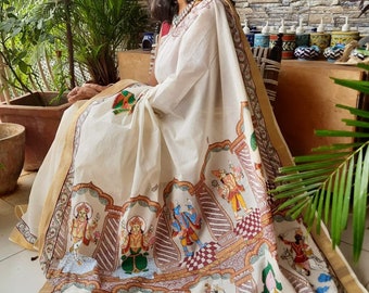 Handpainted Patachitra saree on kerala cotton/ Handmade saree/ Designer saree for women/ Indian apparel with folkart - Vishnu Dashavataar