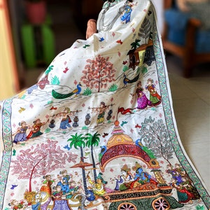 Pure Handspun Silk – Hand Painted Patachitra Saree – Krishna Mathura Gaman/ Designer saree for women/ Indian apparel with folkart