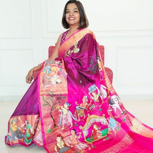 Hand-painted Patachitra saree on upada silk - Bridal celebration/ Pattachitra saree/ Indian folk art/ Designer saree/ Party wear saree
