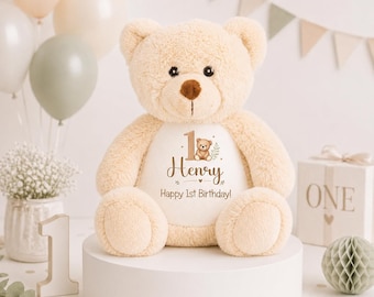 Personalised 1st Birthday Teddy Bear, First Birthday Gift, Custom Name Baby Keepsake, Blue Pink Beige Birthday Teddy, 1st Birthday Bear