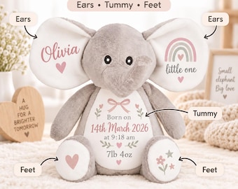 Personalised Teddy bear elephant, Newborn Birth Details Keepsake, Custom Baby Gift, Birth Announcement Soft Toy, New Baby Present
