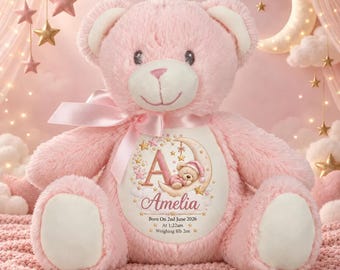 Personalised Teddy Bear, Custom Birth Details, Newborn Keepsake, Baby Shower Gift, Christening Present UK Made