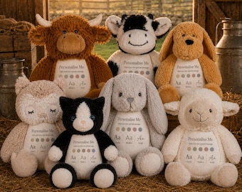 May include: A collection of six plush stuffed animals including a brown cow, a black and white cow, a tan dog, a light brown owl, a black and white cat, a gray rabbit, and a cream sheep. Each animal features a white belly patch with the text Personalise Me.