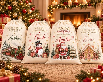 Personalised White Christmas Sack | Santa Sack for Children | Custom Name Gift Bag | North Pole Express Santa Snowman Gingerbread