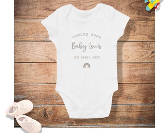 Personalised Custom Baby Name Vest heart Baby Grow Bodysuit Reveal Announcement