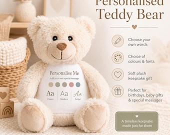 Personalised Teddy Bear Custom Message Plush, Choose Your Own Words Colours & Font, Soft Keepsake Gift for Baby Birthday Loved One