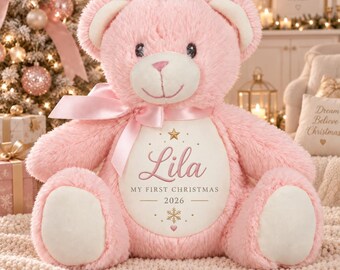 Personalised Baby’s First Christmas Teddy Bear, Pink Christmas Bear, First Christmas 2026 Gift, Baby Girl Keepsake