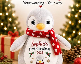 Personalised Christmas Penguin teddy Soft Toy, Custom Name & Christmas Message