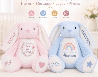 Personalised Bunny Teddy – Custom Name, Photo, Logo or Message – Pink or Blue Soft Toy Gift