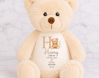Personalised Teddy Bear, Custom Birth Details, Newborn Keepsake, Baby Shower Gift, Christening Present UK Made