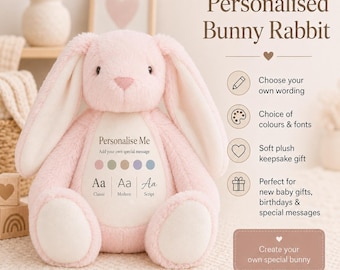 Personalised Teddy Bear Bunny, Custom Birth Details, Newborn Keepsake, Baby Shower Gift, Christening Present UK Made