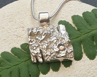 Silver Lichen Textured Square Necklace, Botanical Lichen Pendant, Contemporary Textured Necklace, Contemporary Necklace