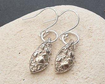 Silver textured drop earrings, Oval Twist lichen botanical textured fine silver drop dangle earrings.