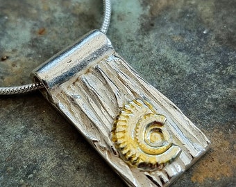 Silver and Gold  Fossil Ammonite Necklace | Handcrafted Birthday Present | Nature Geology Gift | Contemporary Jewellery | Statement Pendant