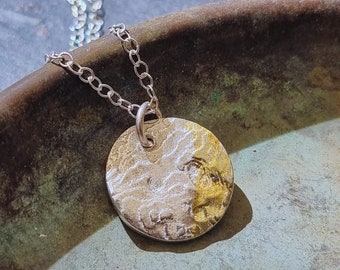 Cuttlefish Textured Silver and Gold Charm Necklace, Simple Circle Textured Recycled Silver Pendant, Seashore Handmade Fine Silver Necklace