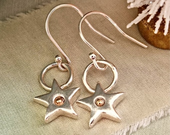 Silver Star Drop Earrings with Gold Centre, Stunning Gold and Silver Dangle Star Earrings, Celestial Earrings