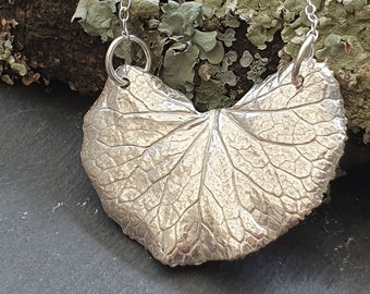 Silver Heart Shaped Necklace, Handcrafted Unique Silver Butterbur Leaf Pendant Necklace. Heart Shaped Leaf Necklace.