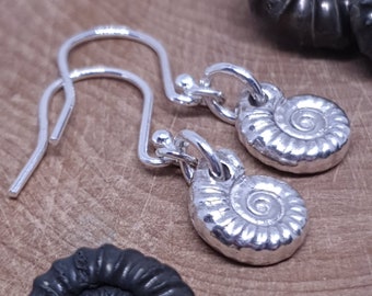 Handcrafted elegant fine silver fossil Ammonite spiral drop dangle earrings