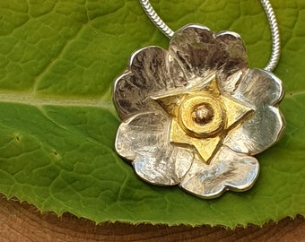 Handcrafted fine silver with gold accent Primrose pendant necklace