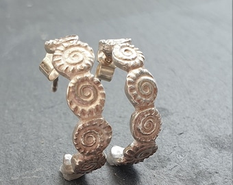 Silver Hoop Earrings,  Handcrafted Fine Silver Fossil Ammonite Half Hoop Earrings