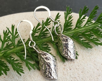 Silver Drop Earrings, Handcrafted elegant twist fine silver yarrow embossed spiral drop dangle earrings, botanical earrings