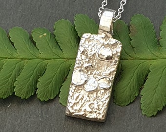 Silver textured necklace, Simple rectangular lichen botanical textured fine silver pendant