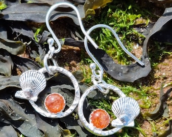 Sunstone and Silver Drop Earrings,  Scallop and Sunstone Fine Silver Circle Drop Dangle Earrings, Silver Gemstone Earrings, Birthday Gift