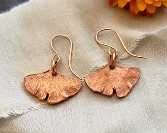 Copper Ginkgo Leaf Drop Dangle Earrings, Handcrafted Copper Ginkgo Leaf Drop Earrings, Real Ginkgo Leaf Jewellery,  Autumn Jewellery