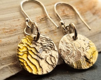 Cuttlefish Textured Silver and Gold Charm Drop Earrings, Simple Circle Textured Recycled Silver Earrings, Seashore Handmade Fine Silver Gift