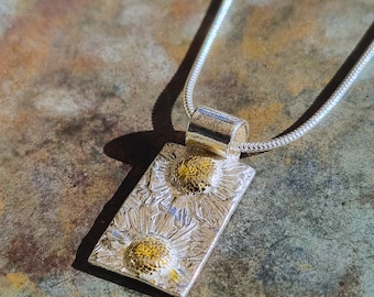 Silver Daisy Necklace with Gold Embossing | Unique Handmade Real Flower Jewellery | April Birthday Gift | Wedding Necklace | Modern Floral