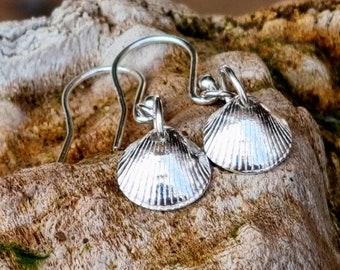 Silver Cockle Shell Earrings, Fine Silver Cockle Dangle Drop Earrings, Seaside Jewellery, Shell Jewellery, Beach Jewellery, Gift for her