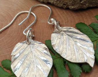 Silver Drop Leaf Earrings, Fine Silver Handcrafted Beech Leaf Dangle Earrings, Tree Leaf Earrings