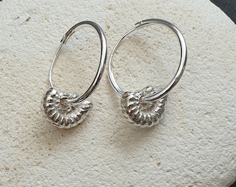 Silver Creole Hoop Earrings,  Handcrafted Fine Silver Fossil Ammonite Hoop Earrings, Creole Earrings