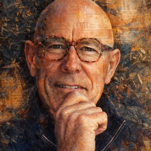 May include: A portrait of a man with a shaved head, wearing tortoiseshell glasses, and a dark jacket. The background features a collage of newspaper clippings and abstract textures, creating a mixed-media effect.