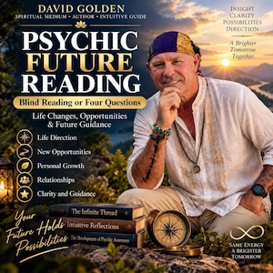 Könnte beinhalten: Eine Werbegrafik für einen psychischen Zukunftslesedienst von David Golden. Der Text enthält Psychic Future Reading, Blind Reading or Four Questions und listet Lebensrichtung, Möglichkeiten, Wachstum, Beziehungen und Führung auf.