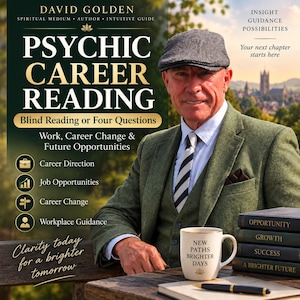 May include: A promotional graphic for a Psychic Career Reading by David Golden. It features a person in a green tweed blazer, flat cap, and striped tie, with a white mug labelled 'NEW PATHS BRIGHTER DAYS' and a stack of books titled Opportunity, Growth, Success, and A Brighter Future.