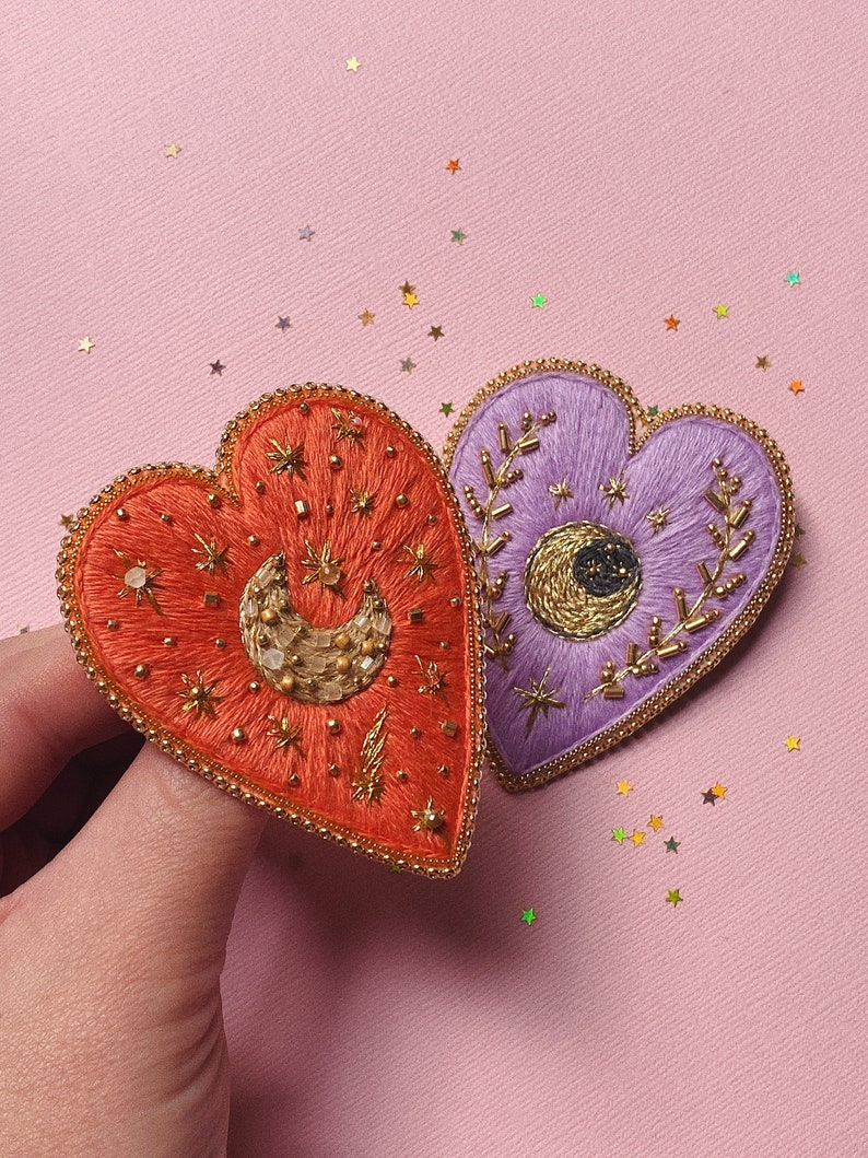 Heart brooch Embroidered brooch Gothic heart brooch Crescent image 1