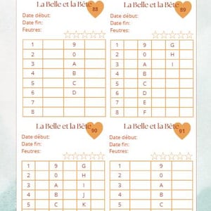 Peut inclure: Une feuille de papier clair avec le titre "Créatures Fantastiques" et quatre grilles de jeu. Chaque grille a le titre "La Belle et la Bête" et un numéro. Un petit dragon orange est dans le coin supérieur droit.