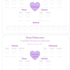 Peut inclure: Deux cartes blanches avec du texte violet et des graphiques en forme de cœur. Le texte comprend "Tome Princesses" et "Combos Peaux et Cheveux". Une carte présente "Vaiana", l'autre "Blanche-Neige".