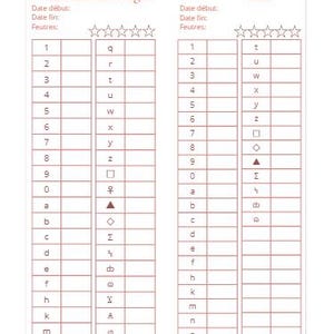 Könnte beinhalten: Eine hellrosa und weiße Tabelle mit dem Text "Les Grands Classiques 13" und den Titeln "La Reine des Neiges" und "Mulan". Die Tabelle hat nummerierte Zeilen und Spalten mit Symbolen und Buchstaben.