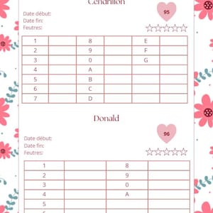 Può includere: Un grafico a tema floreale rosa e bianco con le parole "Saisons" e "Cendrillon" in alto. Il grafico ha due sezioni con tabelle e icone a forma di cuore con numeri. Il testo "Donald" è anch'esso visibile.